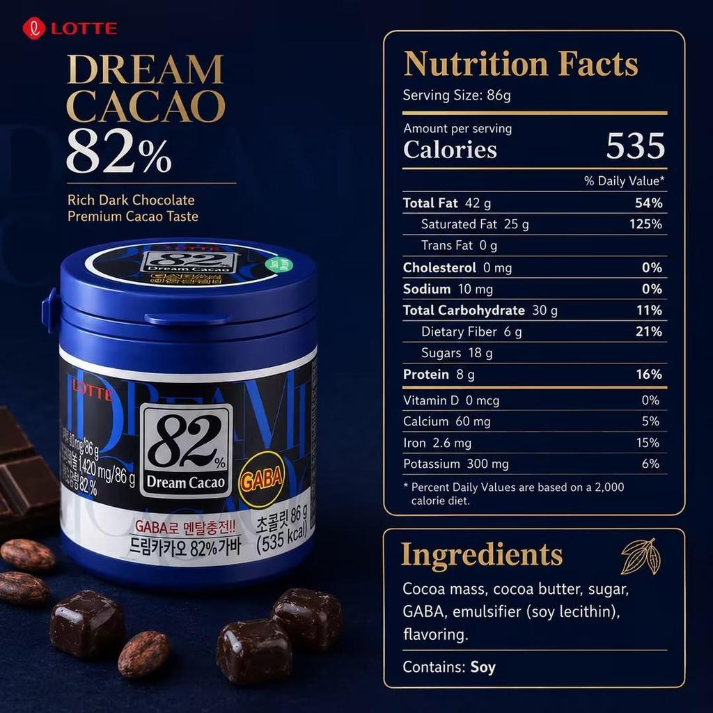 Lotte Dream Chocolate al 82% 86g | Sabor Fuerte y Rico a Cacao, Textura Suave y Fundente, Amargor Suave Distintivo