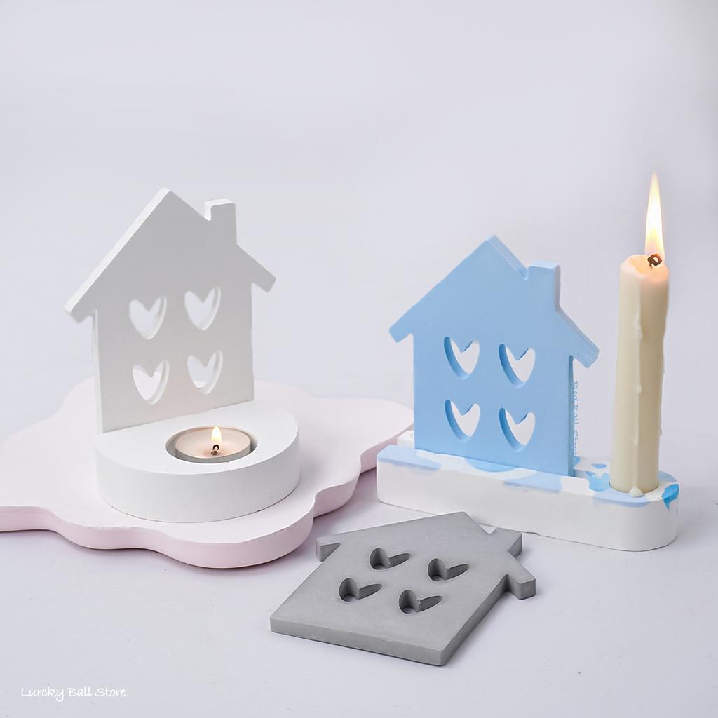 Love House Candlestick Silicone Mold DIY Concrete Tea Light Candle Holder Cement Plaster Crafts Casting Mould Eid Room Decor