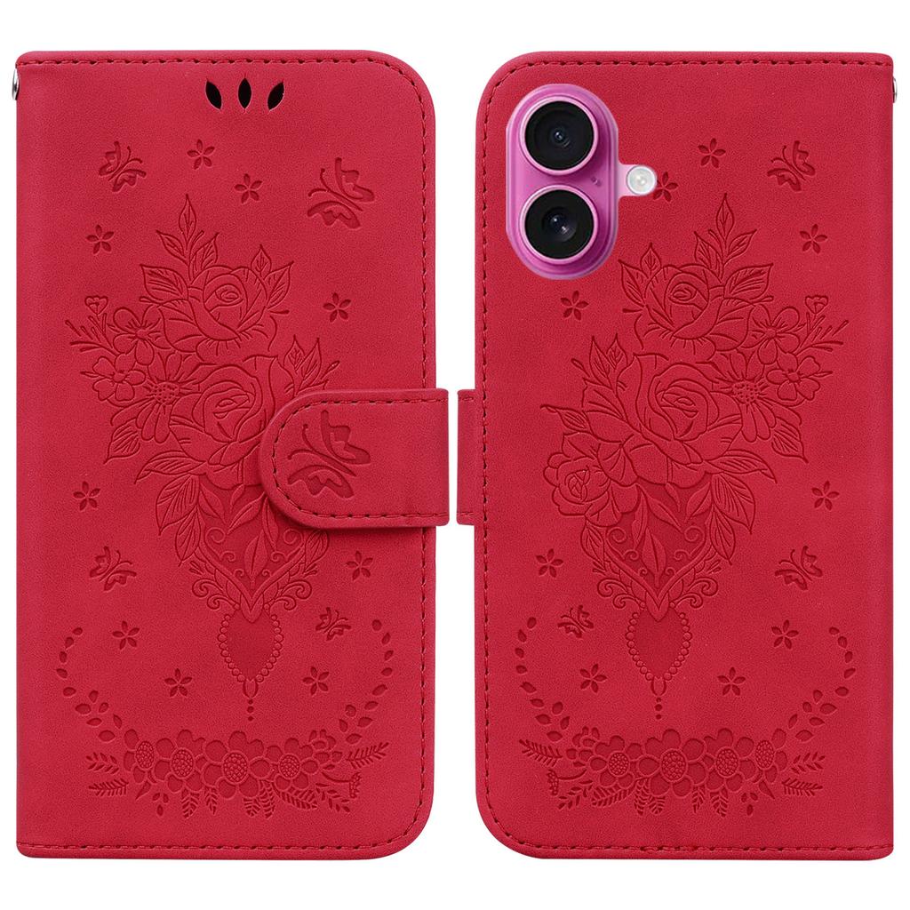 For iPhone 17 Case PU Leather Wallet Phone Cover Butterfly Flower Imprint with Strap