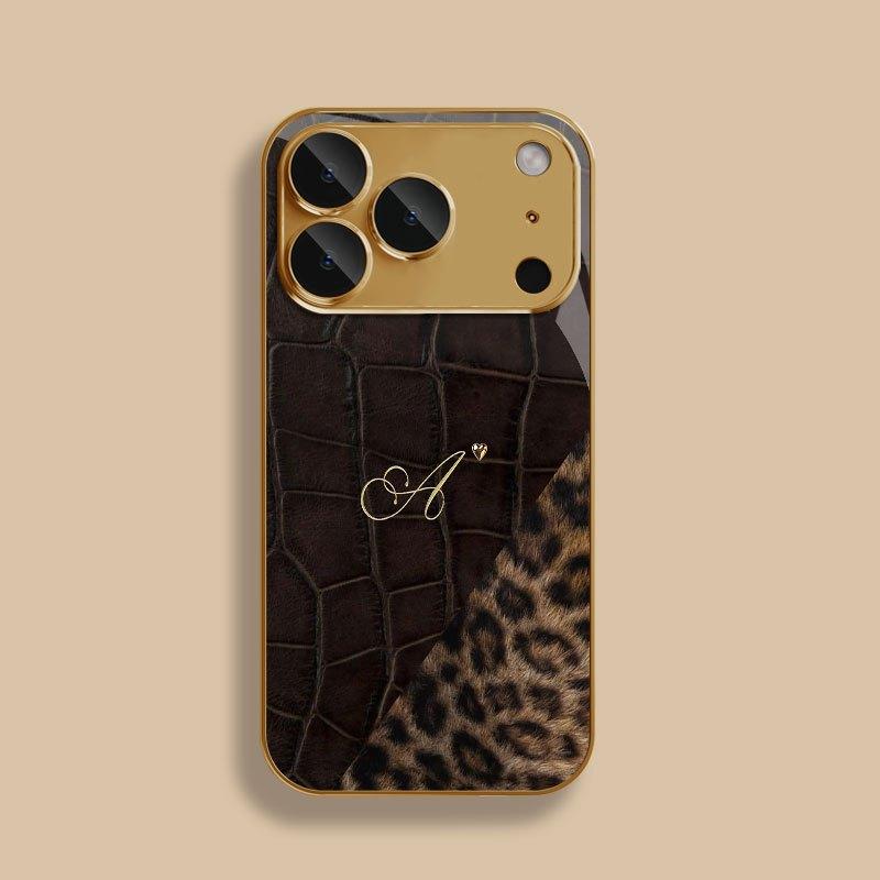 Luxury Crocodile Leopard Splicing Golden Letter A Phone Case for iPhone 17 16 15 14 13 12 11 Pro Max XS XR 7 8 Plus 16E
