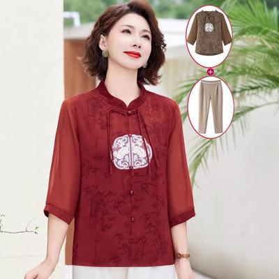 Mom's New Summer Chiffon Blouse: Chinese-Style Two-Piece Set for Middle-Aged & Elderly Women