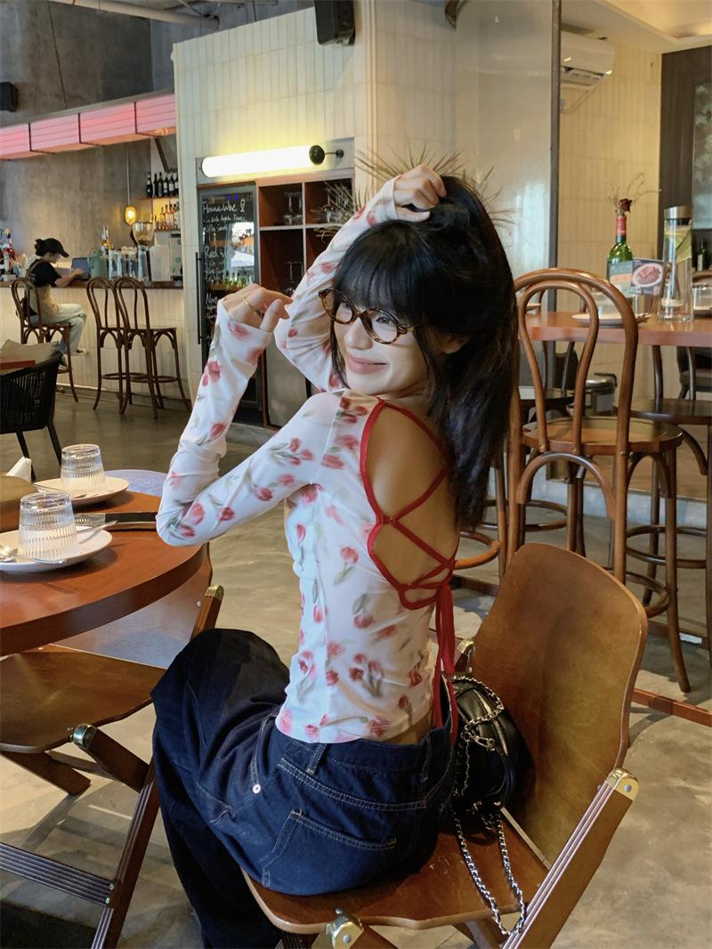 French retro rose print slim-fitting long-sleeved T-shirt women s summer sexy mesh strap backless sunscreen top S
