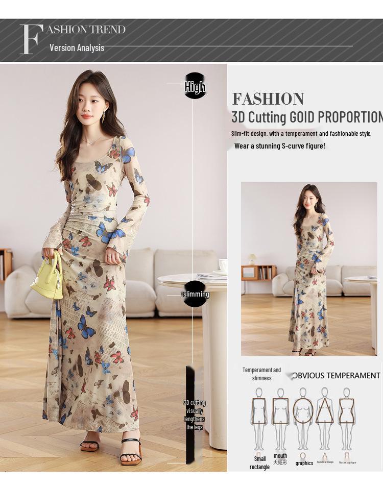 Retro Butterfly Print Long-Sleeve Dress - Slim Fit, Sexy Ruched Waist