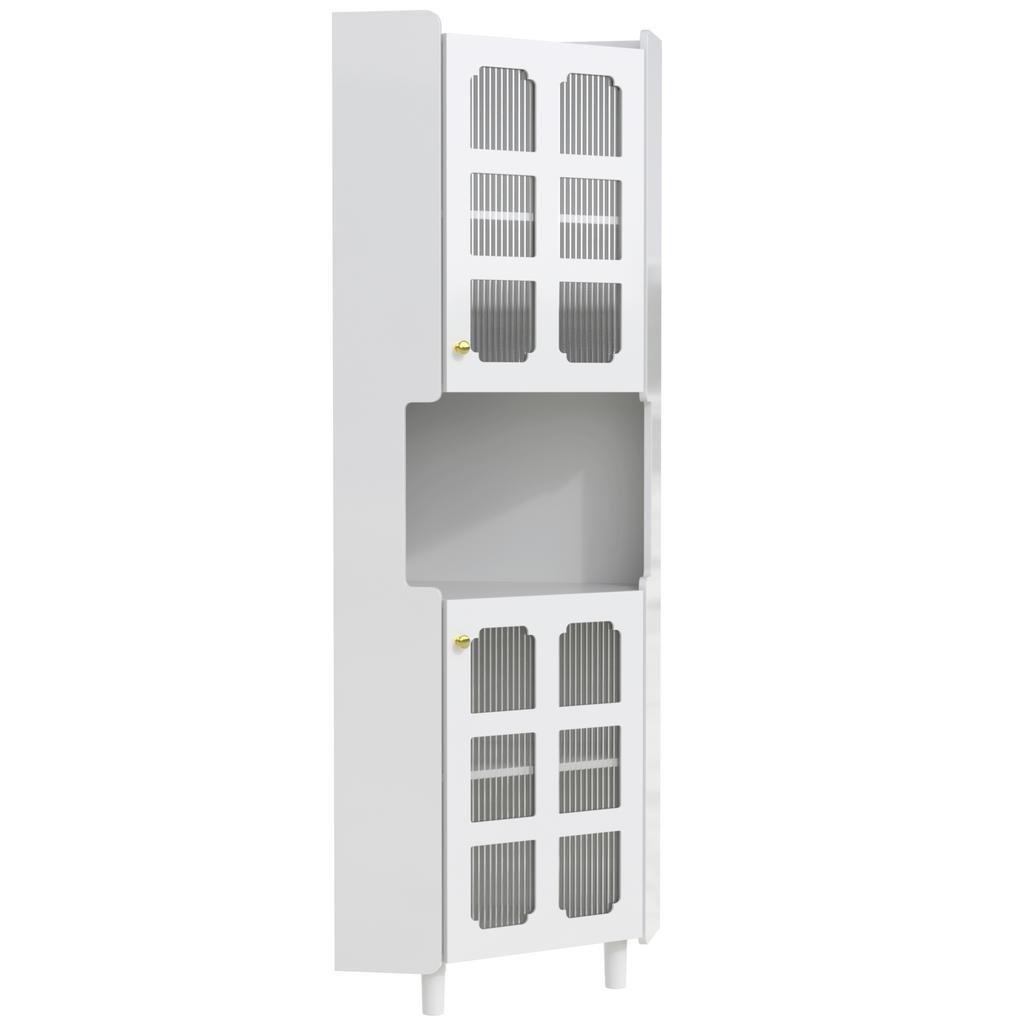 White Corner Cabinet with Lacquer Coating & LED Lighting – Multifunctional Chest of Drawers for Living Room, Bookshelf, Bathroom, Bedroom, Dining Room