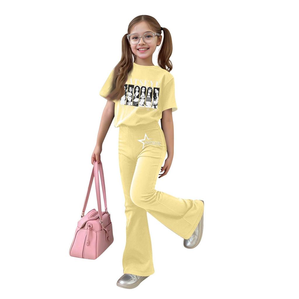 Kids Girls Casual Short Sleeve Printed Outfit Set for Play and Daily Wear