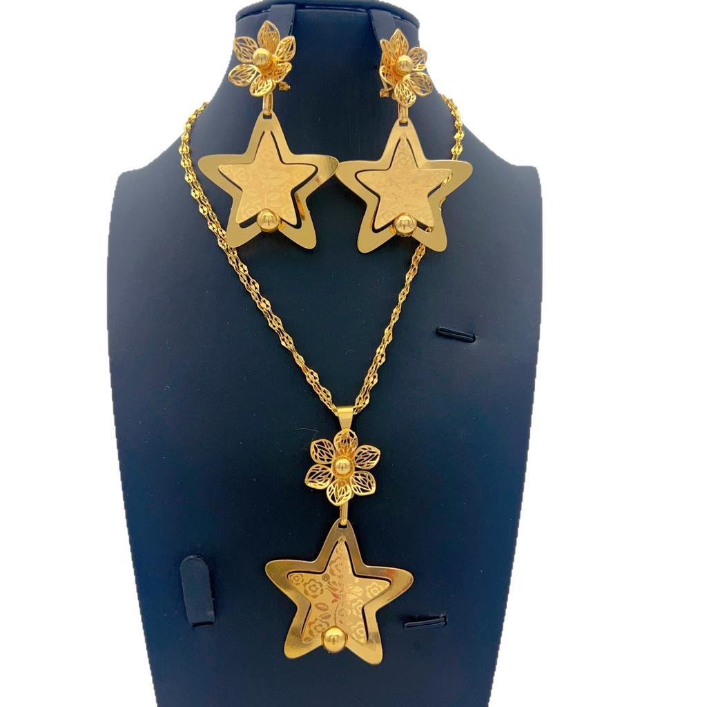 Dubai Copper Alloy Set Niche Women's 24K Pentagram Pendant Necklace Earrings Wedding Party African Jewelry
