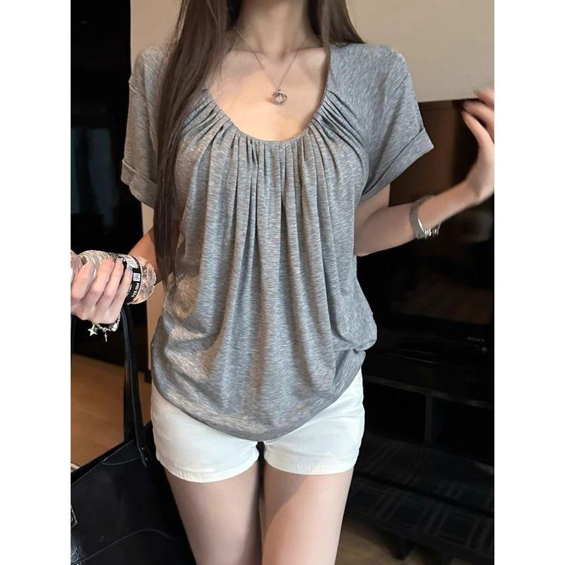 Kumikumi Pure Desire Style Design Gray Pleat U Collar T-shirt Women Summer All-Match Chic Wide Loose Shoulder Top