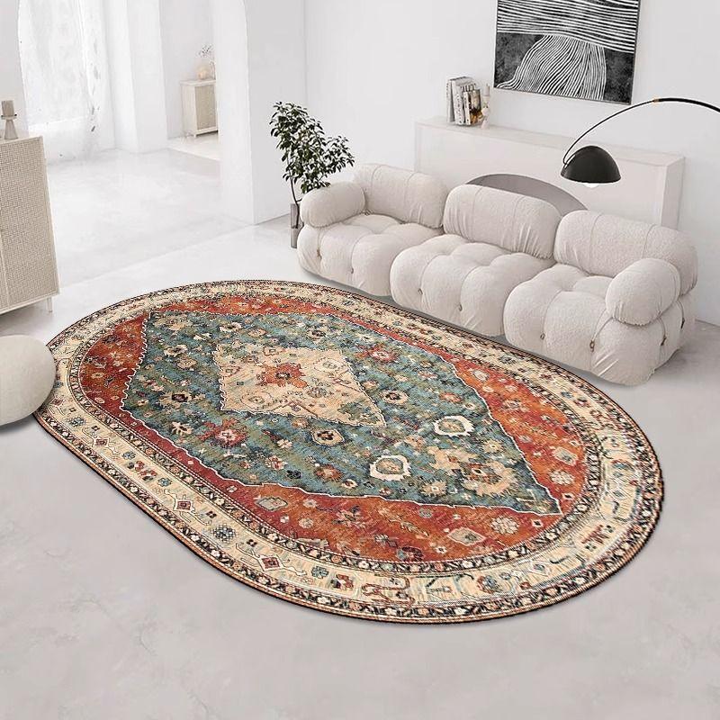 Persian Ethnic Style Carpet Decoration Living Room Oval Lint-free Non-slip Sofa Rug Bedroom Bedside Easy Clean Foot Mat Washable