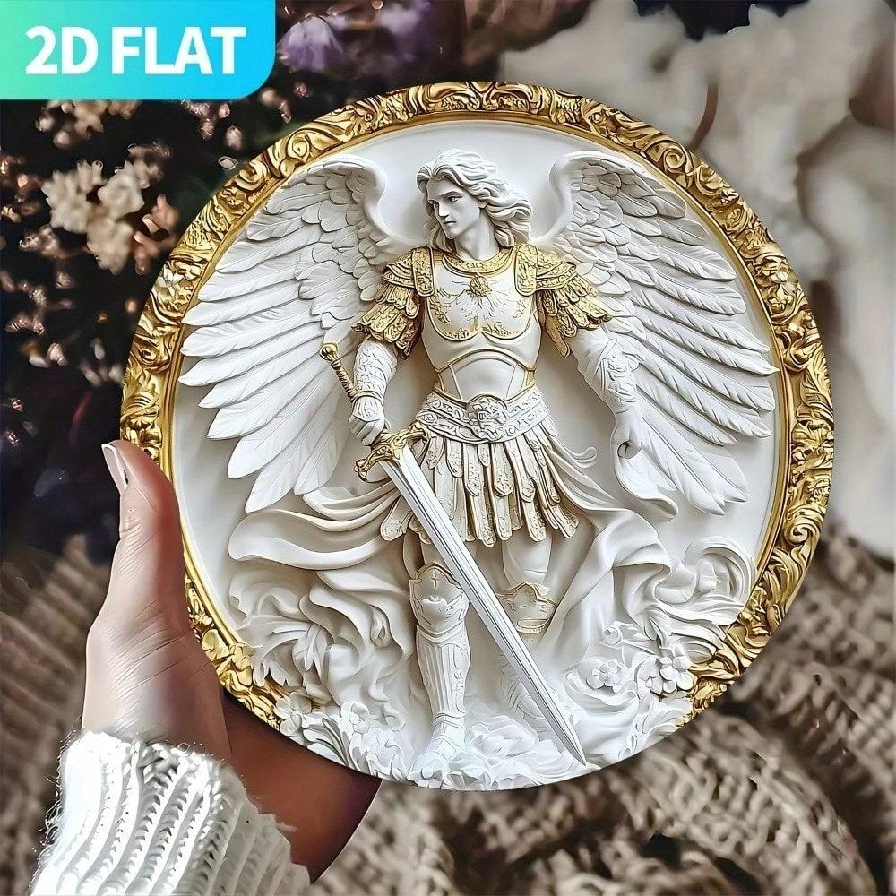 Gothic Angelic Warrior Metal Sign 8x8 Inch Elegant Gold Frame Medieval Wall Art