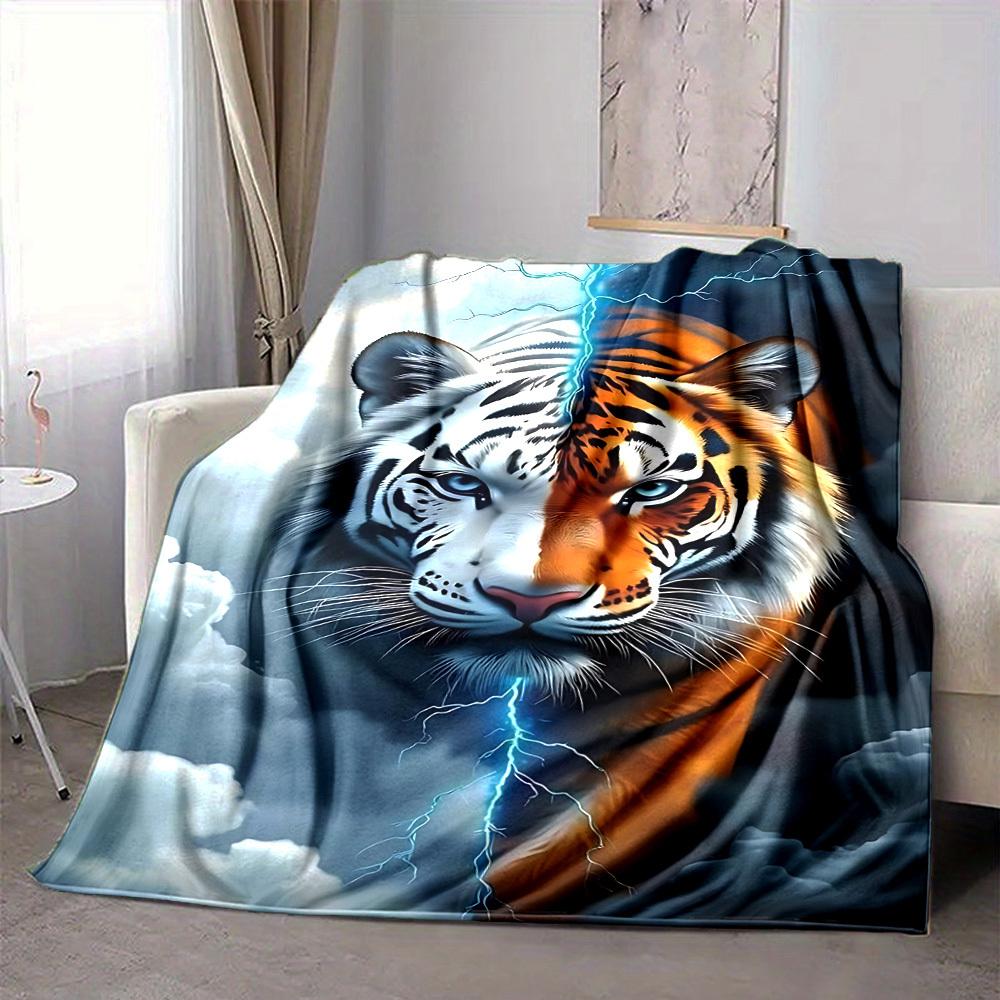 1pc Tiger Lightning Print Blanket Lightweight Flannel Blanket Throw Blanket For Sofa, Bed, Travel, Camping, Livingroom, Office, Couch, Chair, And Bed