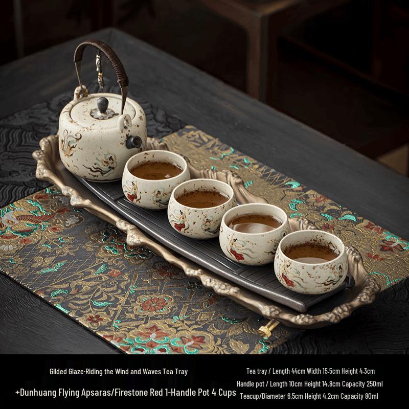 Flint Red Ceramic Tea Set with Gilt Tea Tray