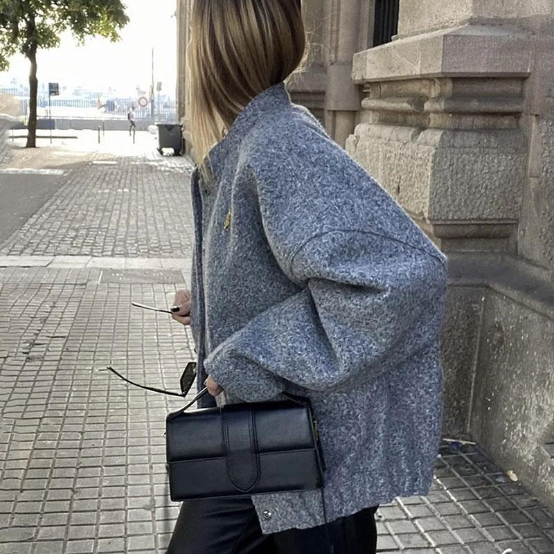 Women Fashion Vintage Pockets Woolen Jacket Autumn Casual Solid Long Sleeve Coat Snap Button Loose Outerwear