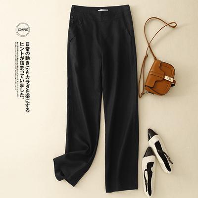 2025 Herbst neue einfarbige Leinen Freizeithose Damen locker und dünn Doppeltasche hohe Taille gerade Hose