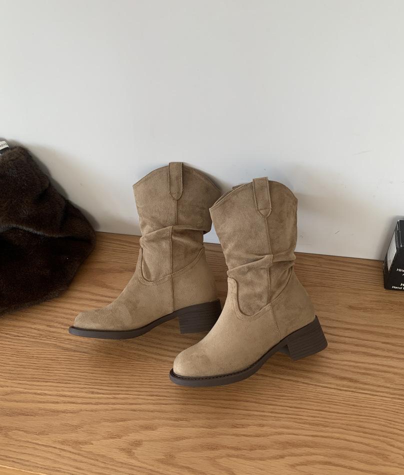 2025 autumn and winter new Maillard retro temperament thin suede western pile female knight boots