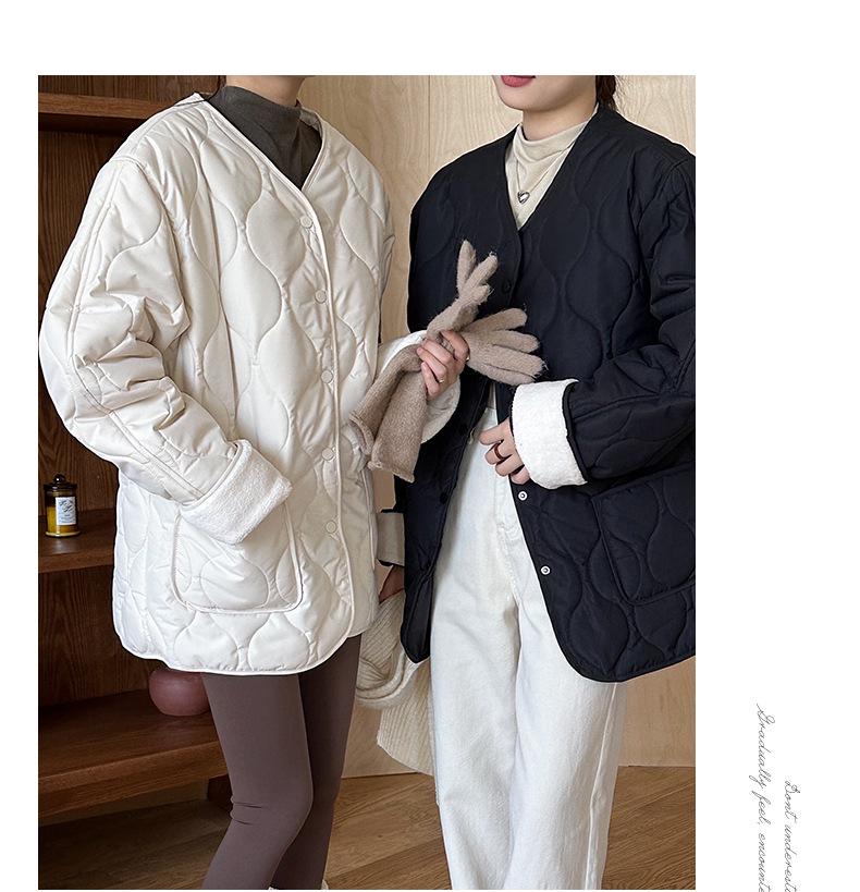 Bomullsjacka för dam i koreansk stil med diamantmönster, kraglös - Kort, sömlös, lättviktig för höst & vinter