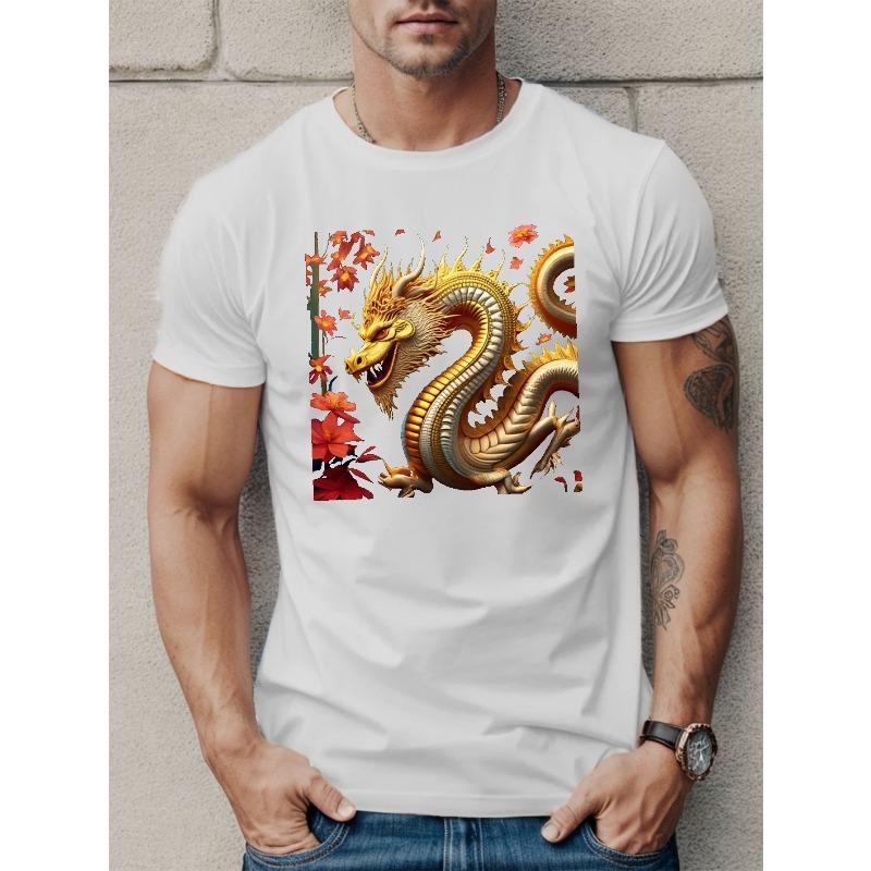 European Size Golden Dragon Print T Shirt, Tees For Men, Casual Short Sleeve T-shirt For Summer
