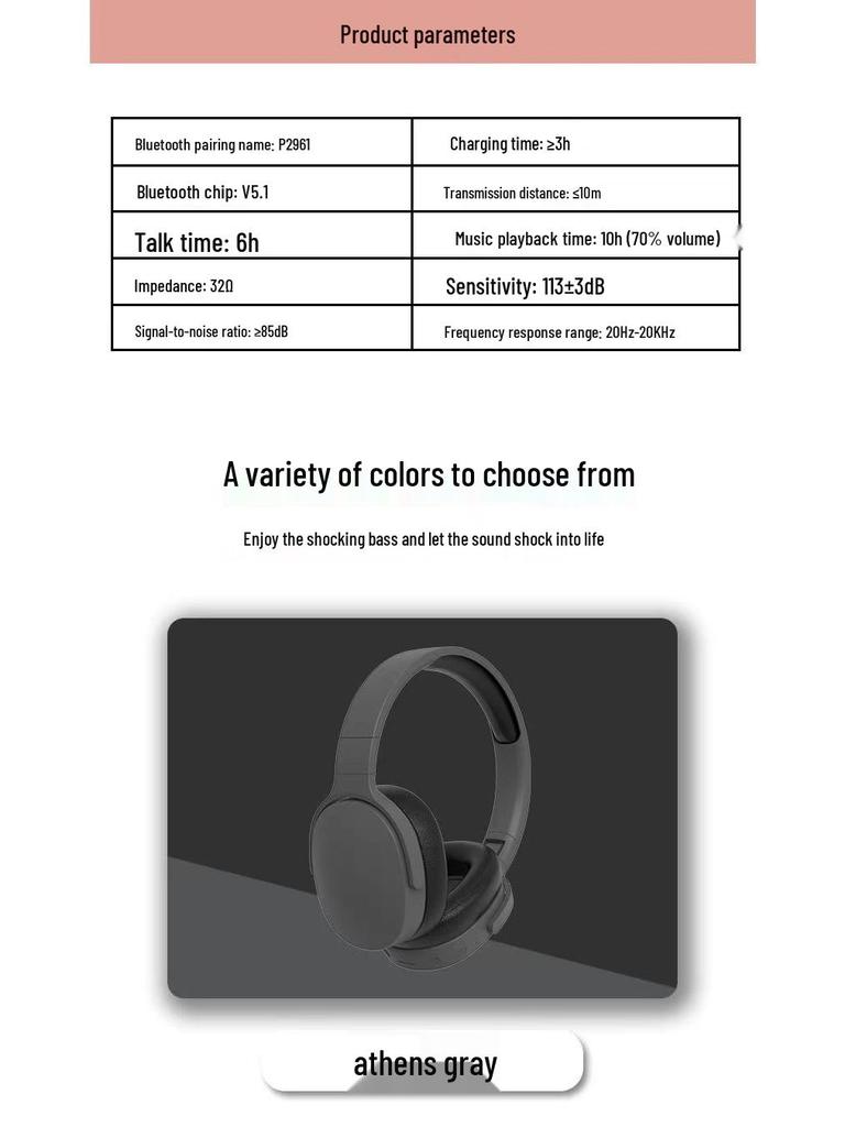 Bluetooth Over-Ear Wireless Headset P2961 with Type-C and Ultra-Long Battery Life