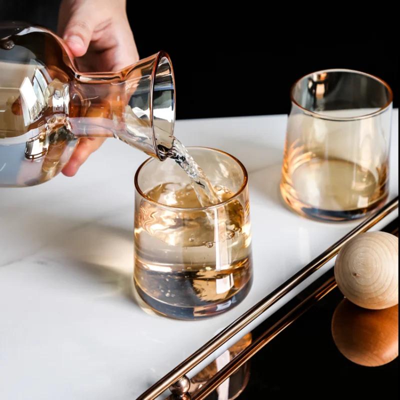 Luksusowy szklany zestaw kubków na zimną wodę czajnik skandynawski styl karmelowy dzbanek na wodę drewniana pokrywka czajnik domowy dozownik wody