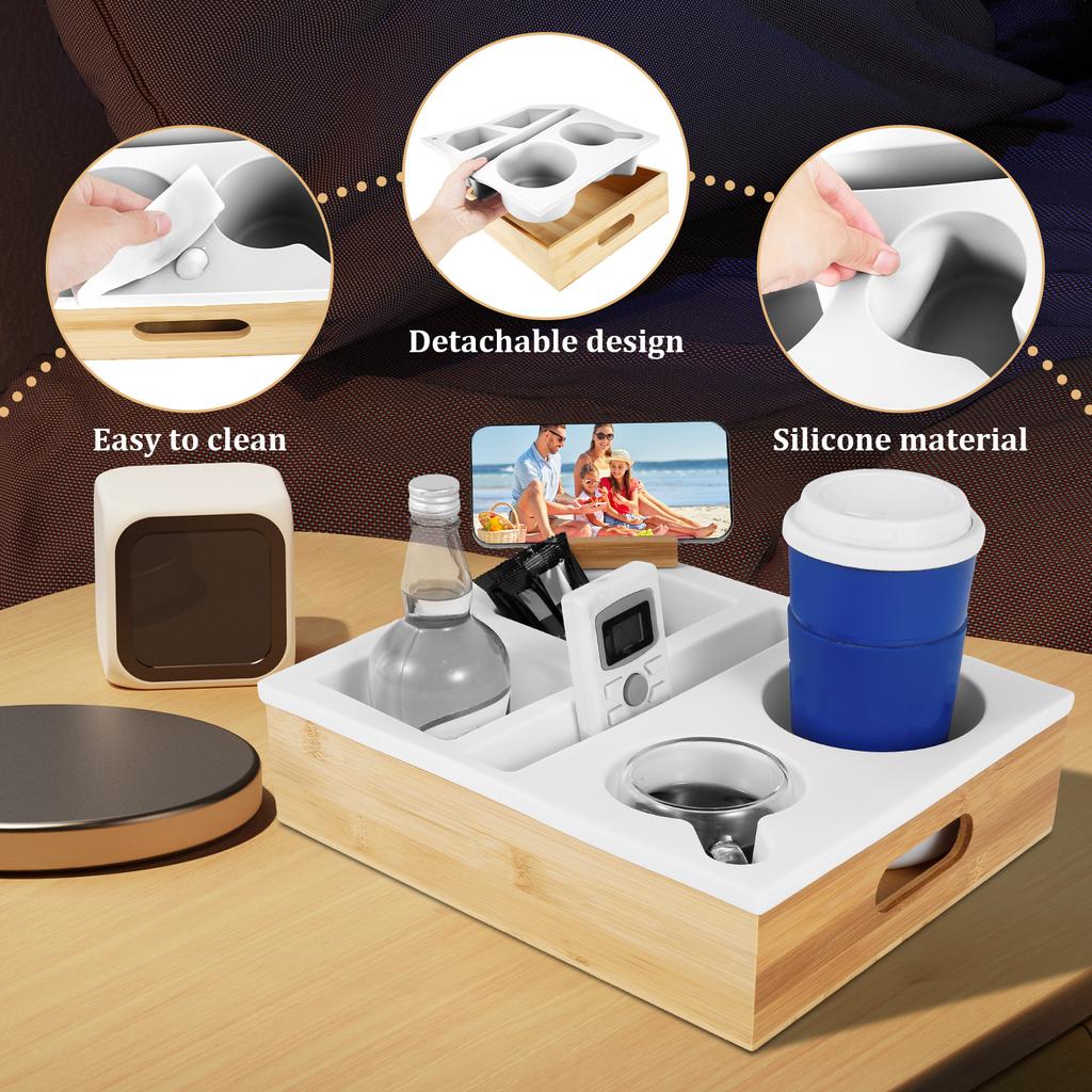 Couch Getränkehalter Couch Caddy mit Drehbarer Handyhalterung Holz Sofa Getränkehalter mit Tragegriff für Bett Auto Strand Organizer
