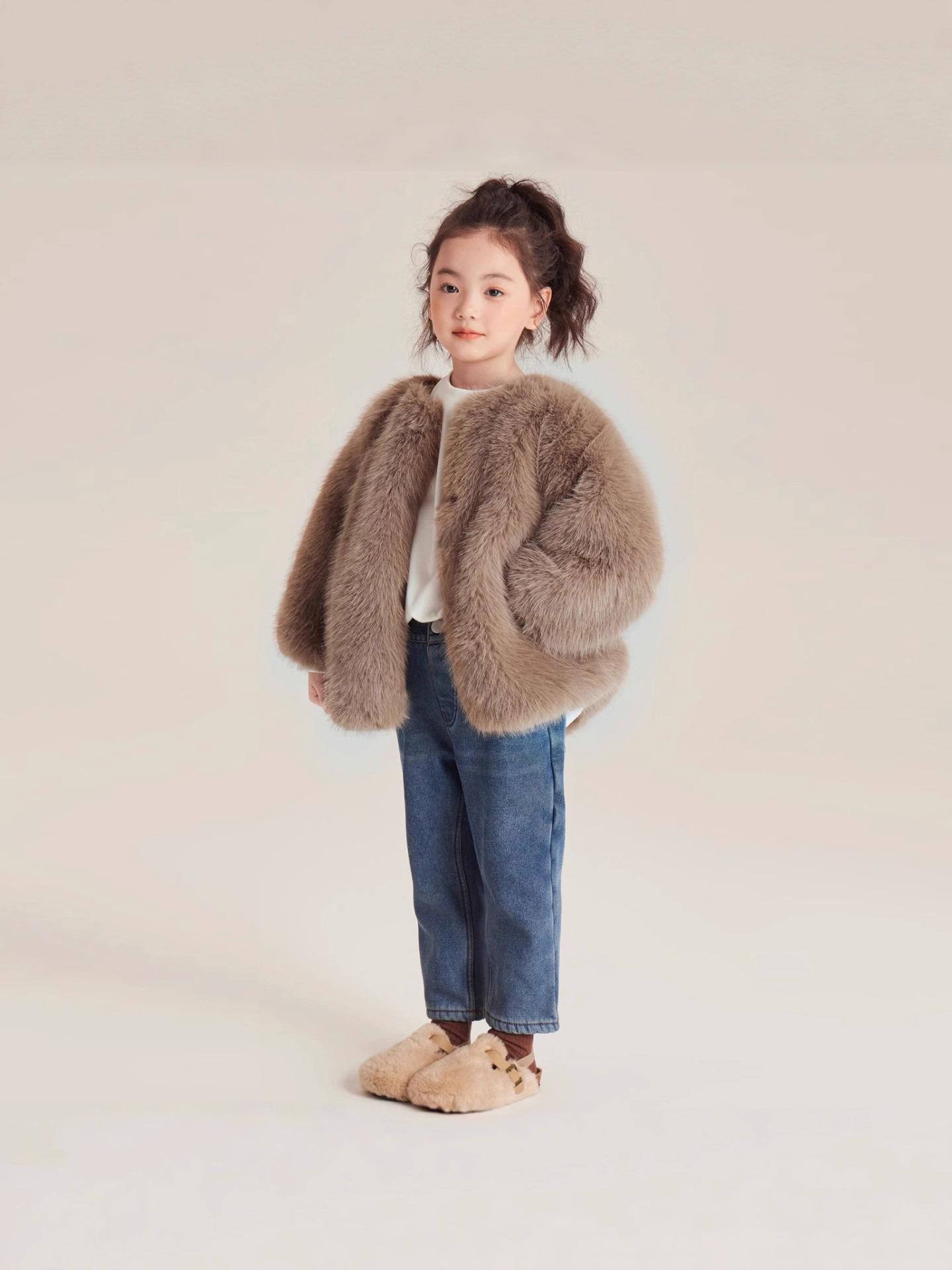

Зимове пальто для дівчинки зі штучного хутра лисиці 2025: Бавовняний, утеплений, з оксамитовою підкладкою, дитячий зимовий комбінезон 140cm верблюд
