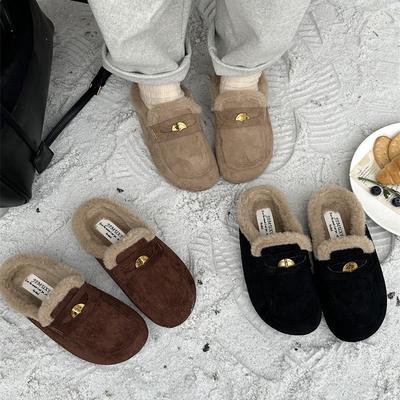 2025 Autumn and Winter New Retro Fashion Thick-soled Bag Head Half Slippers Women's Casual Velvet Warm Fluffy Shoes
