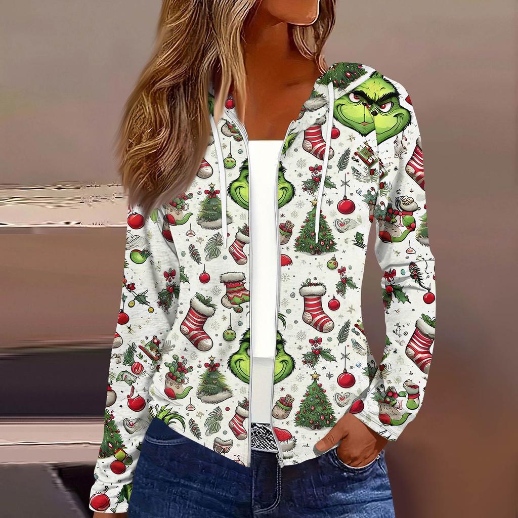 Women's Fashion Christmas Print Casual Zip-Up Long-Sleeved Hooded Jacket