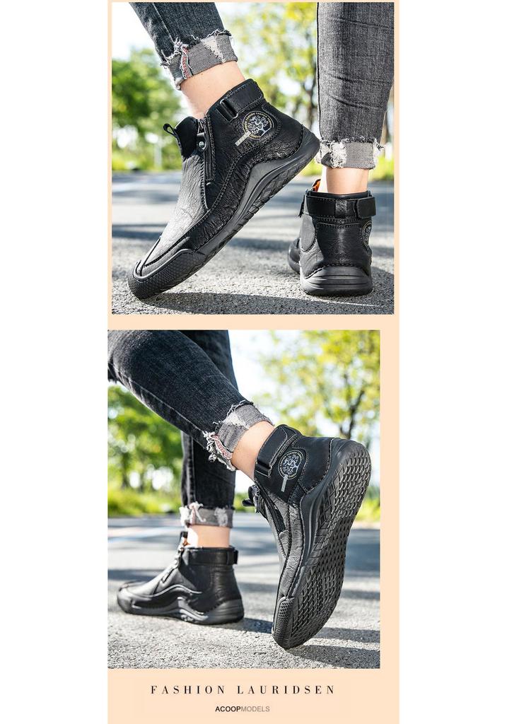 Men's Autumn Mid-top Casual Leather Boots with Side Zipper and Thick Sole