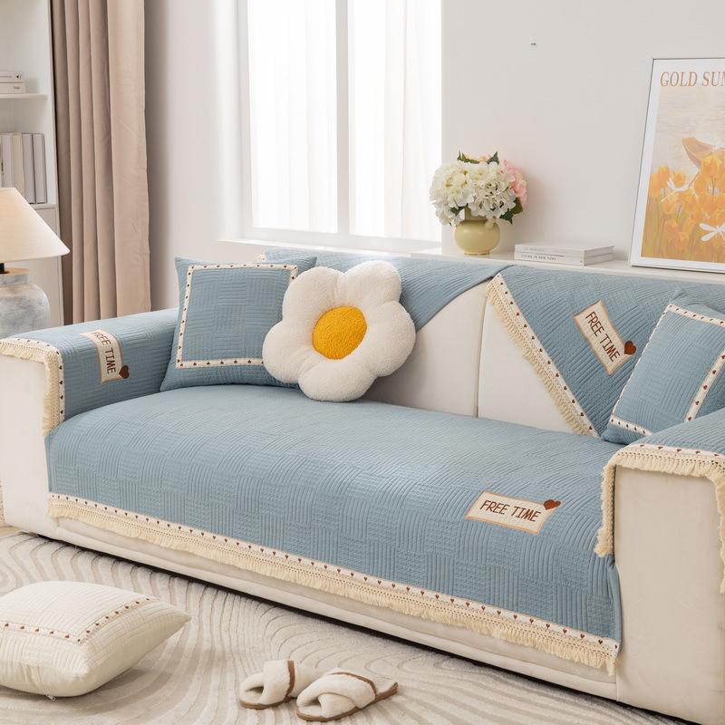 Pure Cotton Fabric Sofa Cushion Korean Style Tassel Modern High-End Four Seasons Universal Non-Slip Quilted Quilted Cushion