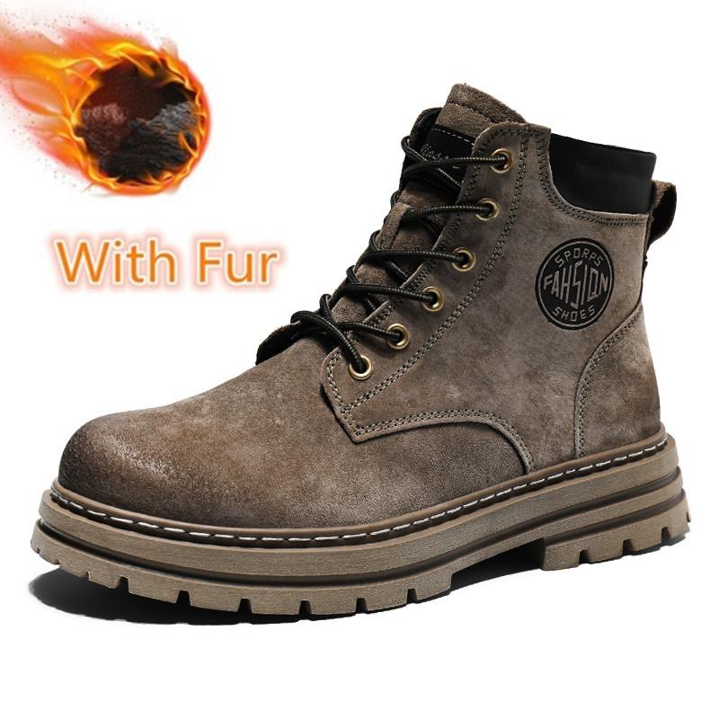 Fashion Lace-Up Men Winter Plush Snow Boots New Stylish Male Shoes High Quality Men's Low Top Boots Leather for Men Motorcycle Boots