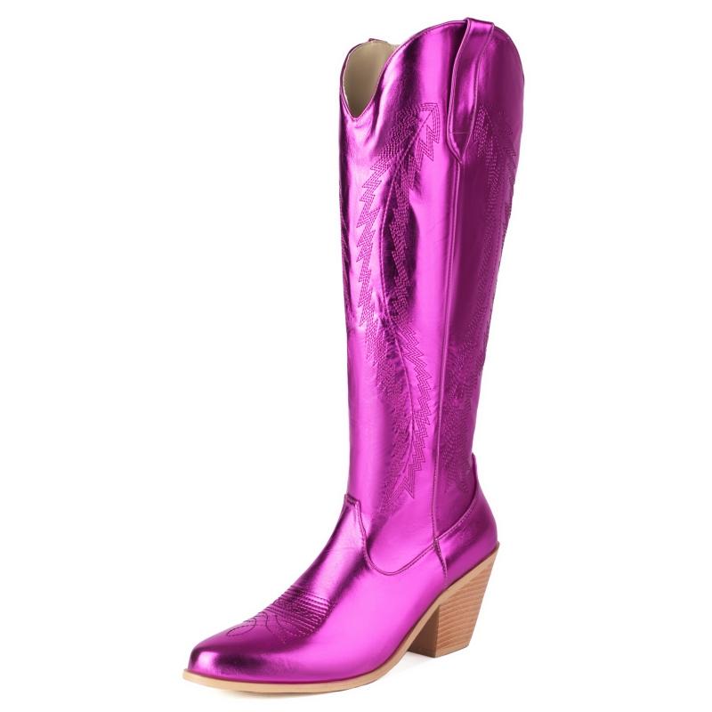 Модные ковбойские сапоги в стиле вестерн модные розовые и черные женские сапоги до колена зимние туфли высокие женские туфли на танкетке большой размер 45 39 7386₽