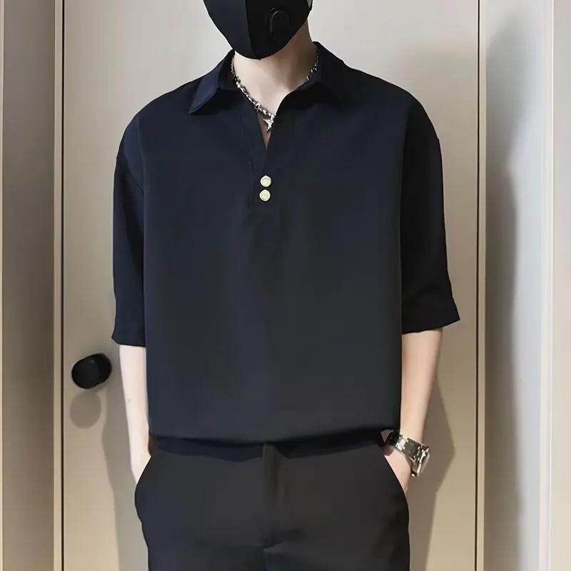 Men's Summer Khaki Half-sleeve Polo Shirt Minimalist Loose-fit Casual Top With V-neck And Button Detail For Daily Wear
