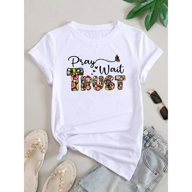 (European Size) Lovely Cute Women Letter Flower Tee Top Clothing Casual Short Sleeve T Shirt Fashion Print Lady Female Graphic T-shirts