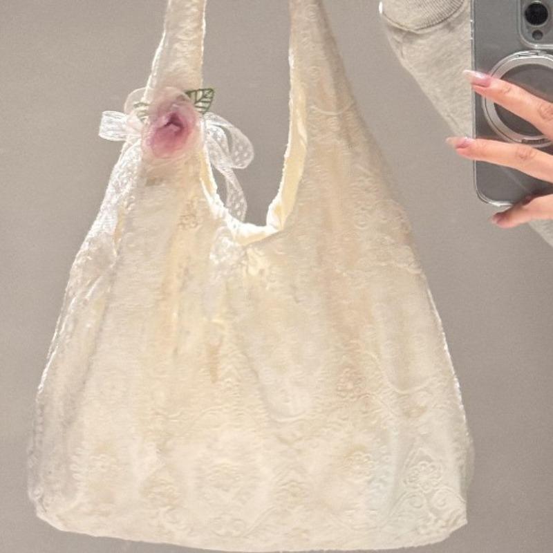 Spring and summer new small fresh lace flower canvas bag Korean gentle vacation wind large capacity shoulder tote bag