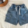 Summer Children's Girls and Boys Denim Shorts  Elastic Waist Drawstring Solid Color Pocket Cargo Jeans Baby Boys Casual Shorts