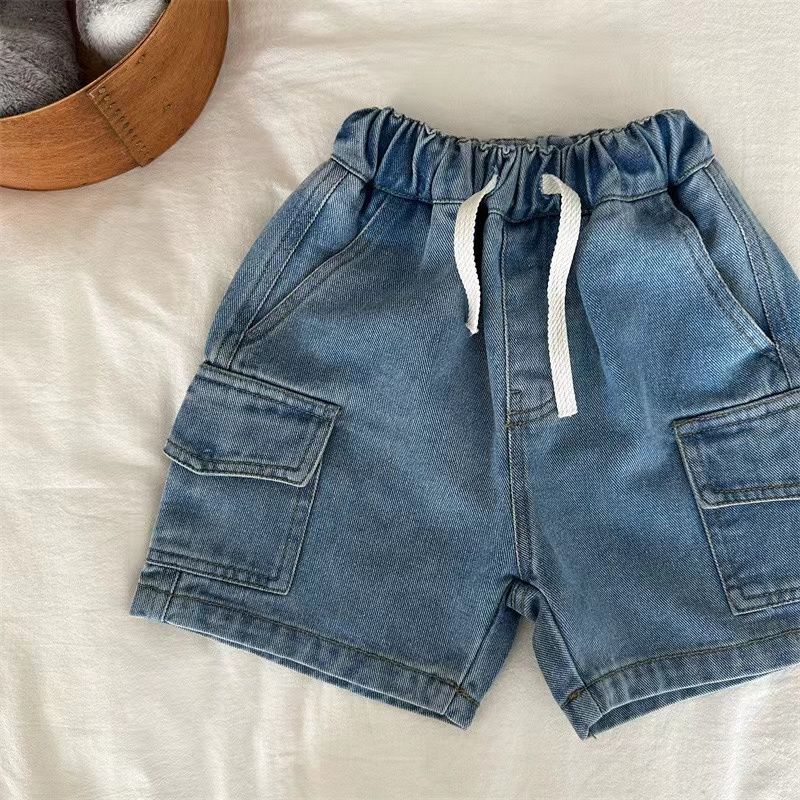 Summer Children's Girls and Boys Denim Shorts Elastic Waist Drawstring Solid Color Pocket Cargo Jeans Baby Boys Casual Shorts