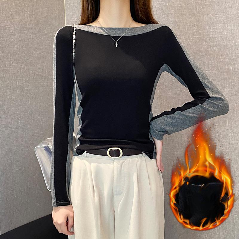 Long-sleeved T-shirt for Women's Autumn and Winter Slim-fitting Abrasive Bottoming Shirt with Thermal Top Inside