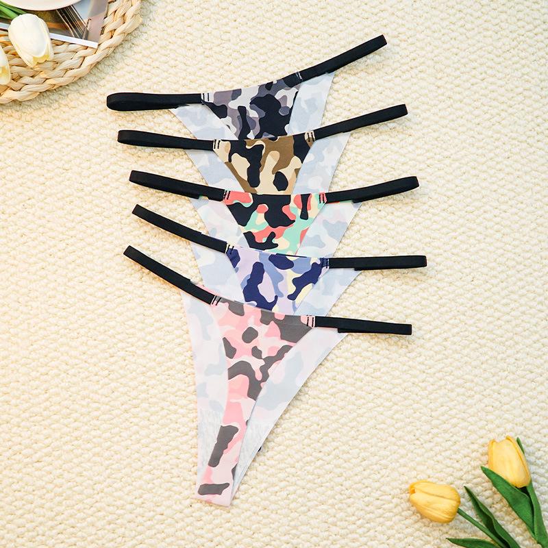 Women's Seamless Thong Printed Thin Strap Sexy European and American Style Thong Bikini Camouflage Women's Sexy Underwear