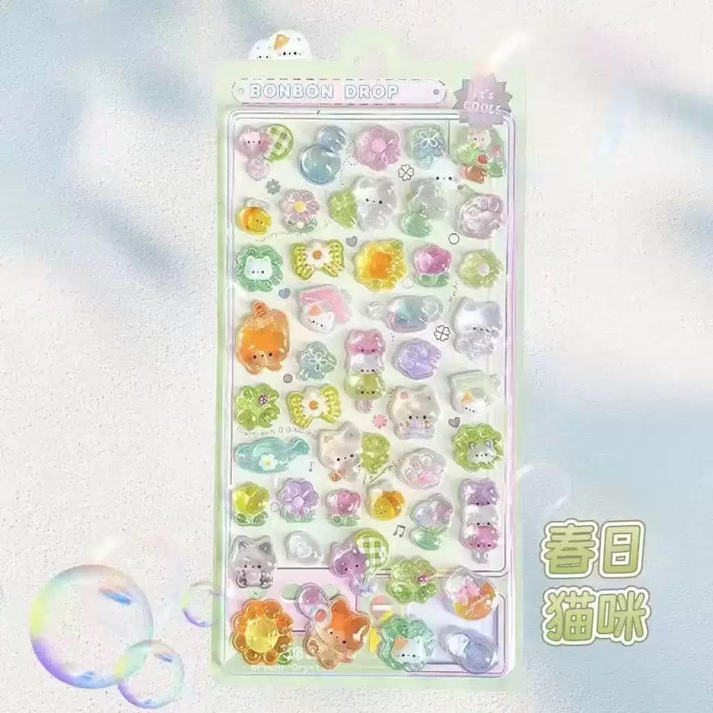 1-6Pcs Kawaii 3D Jelly Resin Stickers Cute Cartoon Sparkle Transparent Decals For Scrapbooking Phone Case Laptop Diy Decor.