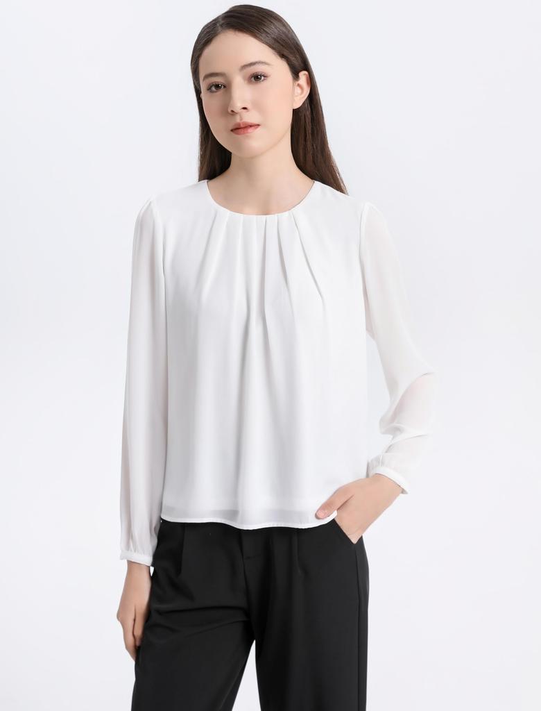 FRÜHLINGSSISON Langarm Chiffonbluse mit Falten und gefüttert Perfekt für und Perfekt für eine schlankmachende Größe M Damen Oberteil, Büro, Business, Pendeln,