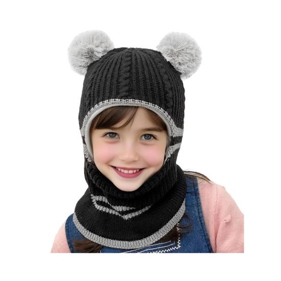 Children Hat Plush Balls Decor Thickened Knitting Hat 3-in-1 Design Hat Scarf Face Guard Headgear Elastic Fit Windproof Hat