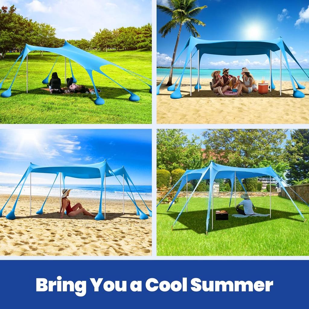 UPF50+ Beach Tent Sun Shade Awning Aluminium Alloy Frame 8 Sandbags 4 Poles Portable Large Canopy for Outdoor Family Camping