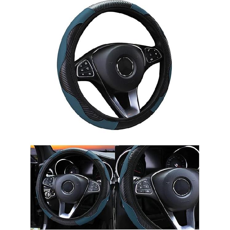 Car Steering Wheel Cover, 15 Inch Carbon Fiber Microfiber PU Leather Elastic Steering Wheel Protector For Men Women, Anti-Slip Breathable Car
