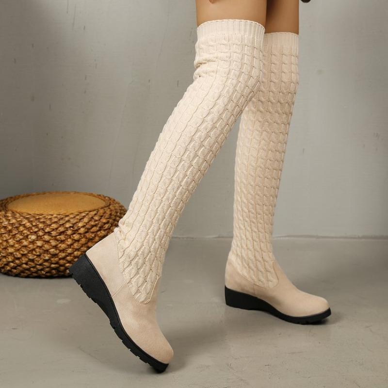 Knit Over The Knee Boots Fashion Round Toe Scrub Fleece Paneled Sleeve Soft Sole Stretch Boots