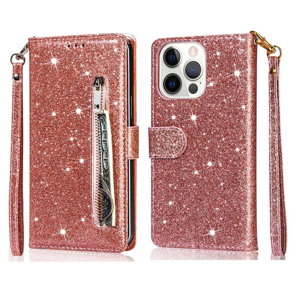 Etui z podstawką z brokatem na iPhone 16 Pro, skórzany pokrowiec na telefon z kieszonką na zamek błyskawiczny