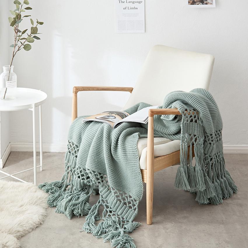 Knitted Blankets for Bed Sofa Bohemian Blanket with Tassel Thick Warm Crocheted Bedding Throw Cover for Travel Picnic Office Nap