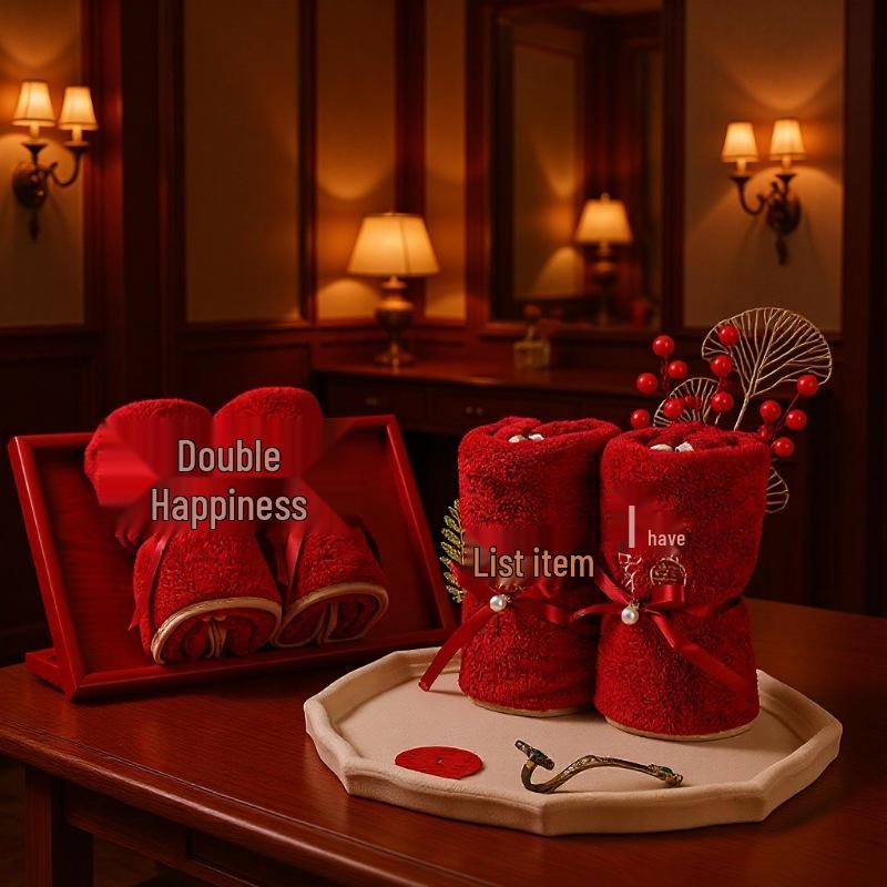 Golden Marriage Towel Gift Set - Red Festive Wedding Souvenir
