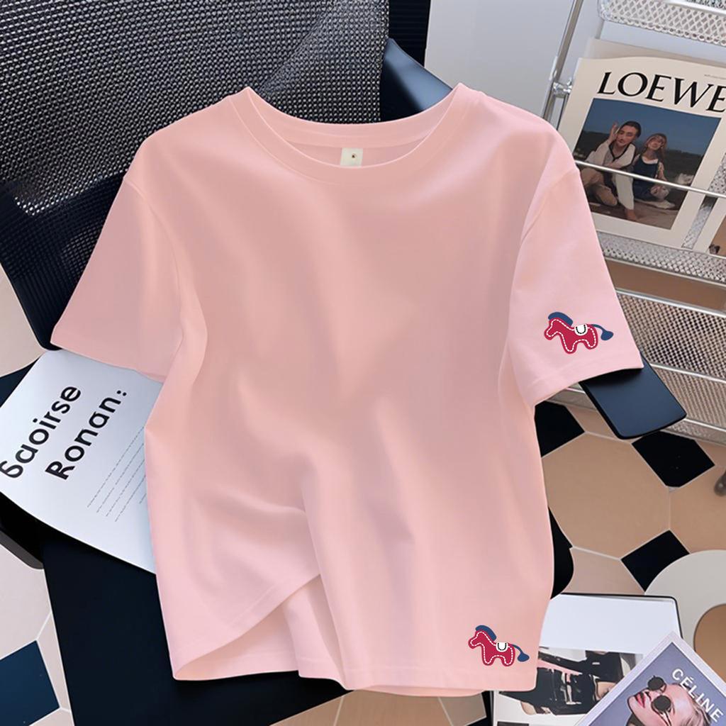 Women's Round Neck Short Sleeve Cute Horse Printed Loose Fit Korean Casual T Shirt Basic Cotton Top 2026 New Spring Daily Ins Style Layering Blouse