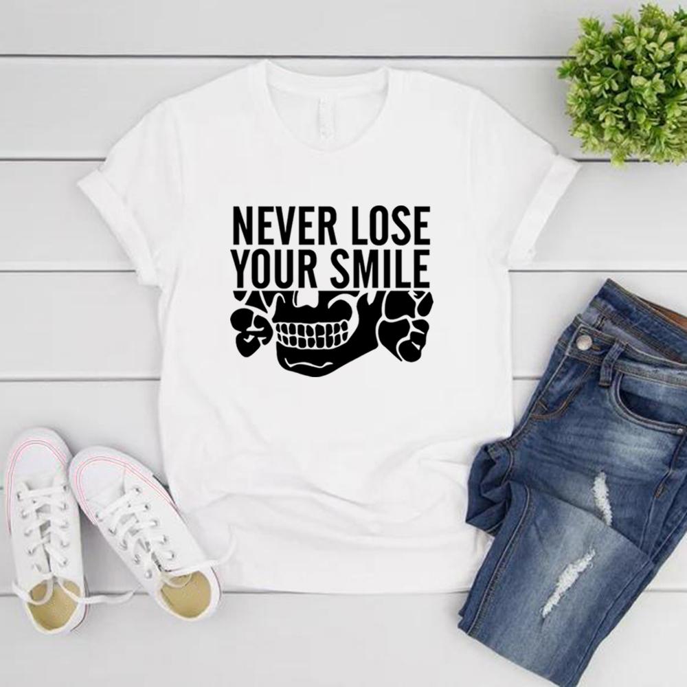 

Футболки Never Lose Your Smile Футболка с изображением черепа и надписью «Never Lose Your Smile» для мужчин и женщин с коротким рукавом и круглым вырезом, уличная футболка M белый