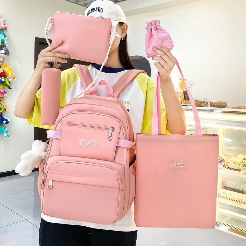 5pcs Elementary School Five Piece Backpack High School Students Large Capacity Multi Pocket Multi Functional Backpack Solid Canvas Leisure Bag