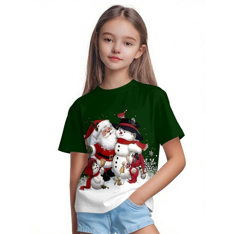 T-Shirt Girls 3D Printed Christmas Featuring Santa Claus Short Sleeve O Neck Casual Christmas Clothes Girls Top